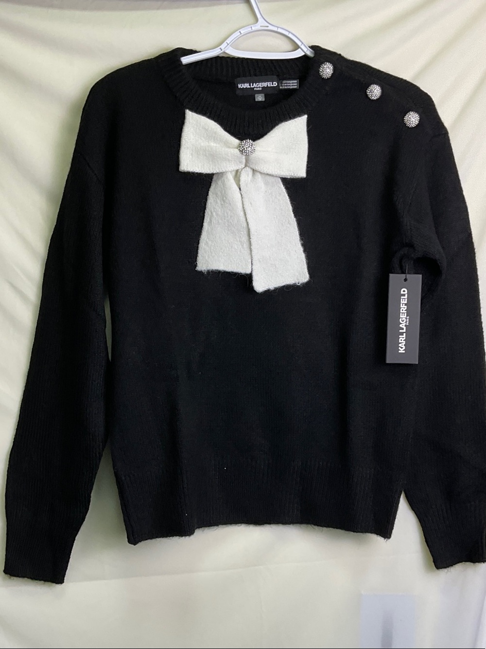 Karl Lagerfeld Black Sweater with White Bow and Crystal Buttons